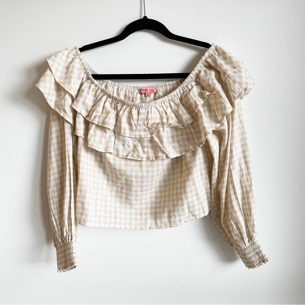 VERGE GIRL Off-The-Shoulder Plaid Long-Sleeve (SMALL)
